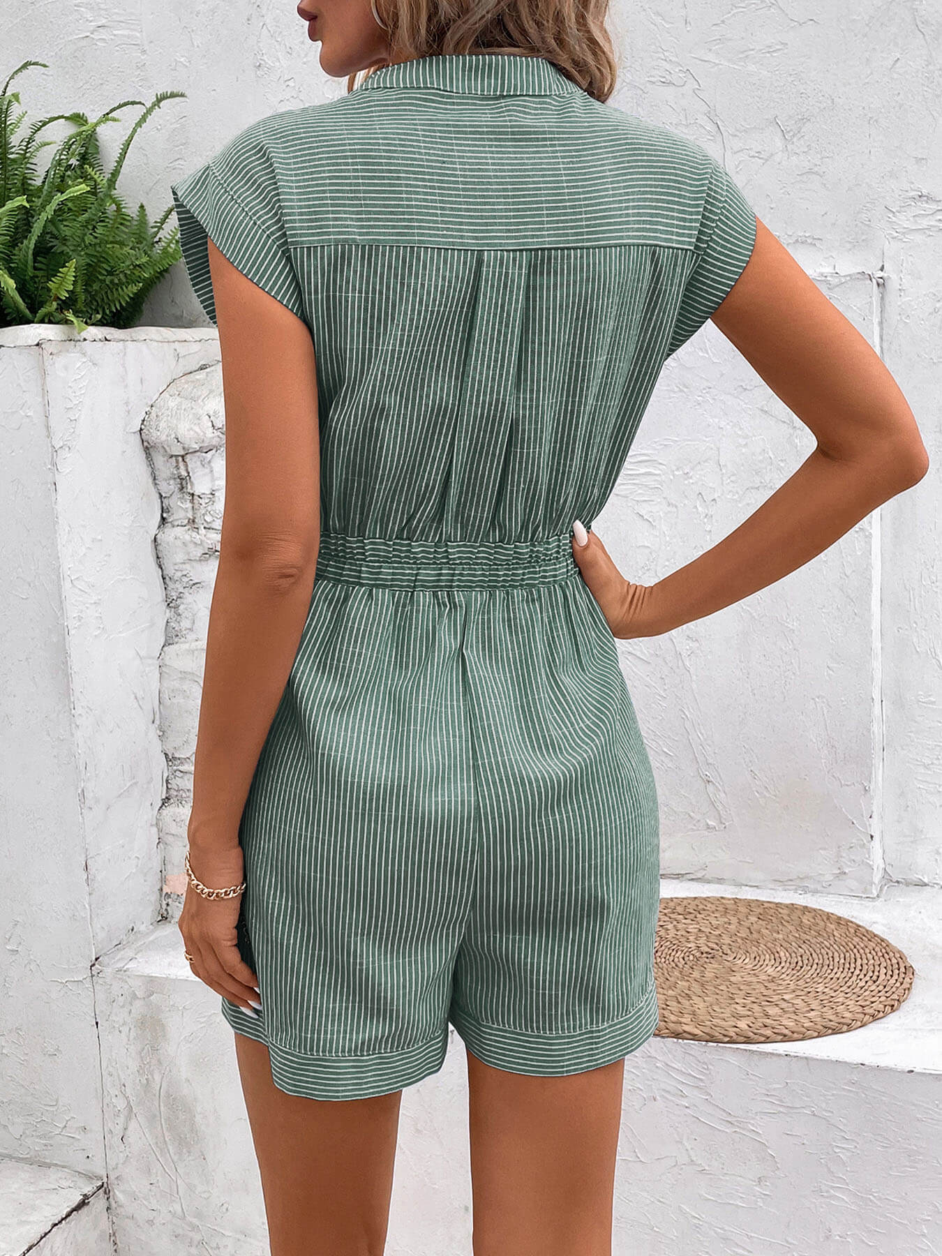 Sonya Cotton Striped Pocketed Romper - Green