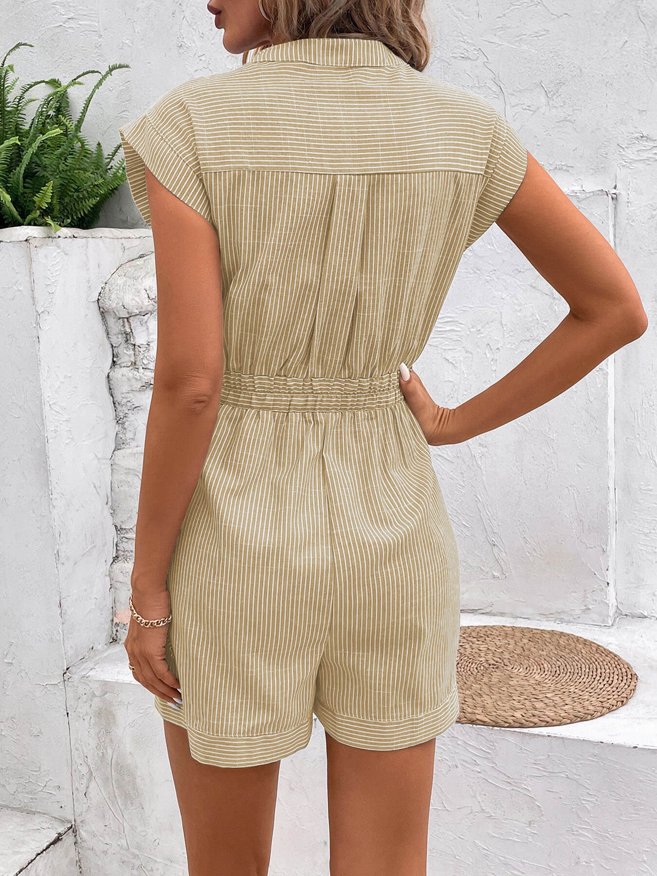 Sonya Cotton Striped Pocketed Romper - Taupe