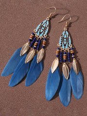 Bohemian Rice Beads Holiday Droplet Tassel Feather Earrings