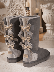 SMAIBULUN Ugg | Rhinestone Ribbon Tri-Tie Bow Suede Boots - Grey