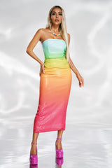 Salome Rainbow Strapless Sequin Silt Midi Dress