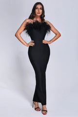 Sandy Black Feather Off Shoulder Bandage Maxi Dress