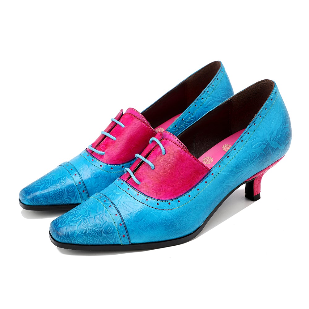 SOFFIA | Turquoise Floral Embossed Genuine Leather Kitten Heel Oxford Shoes