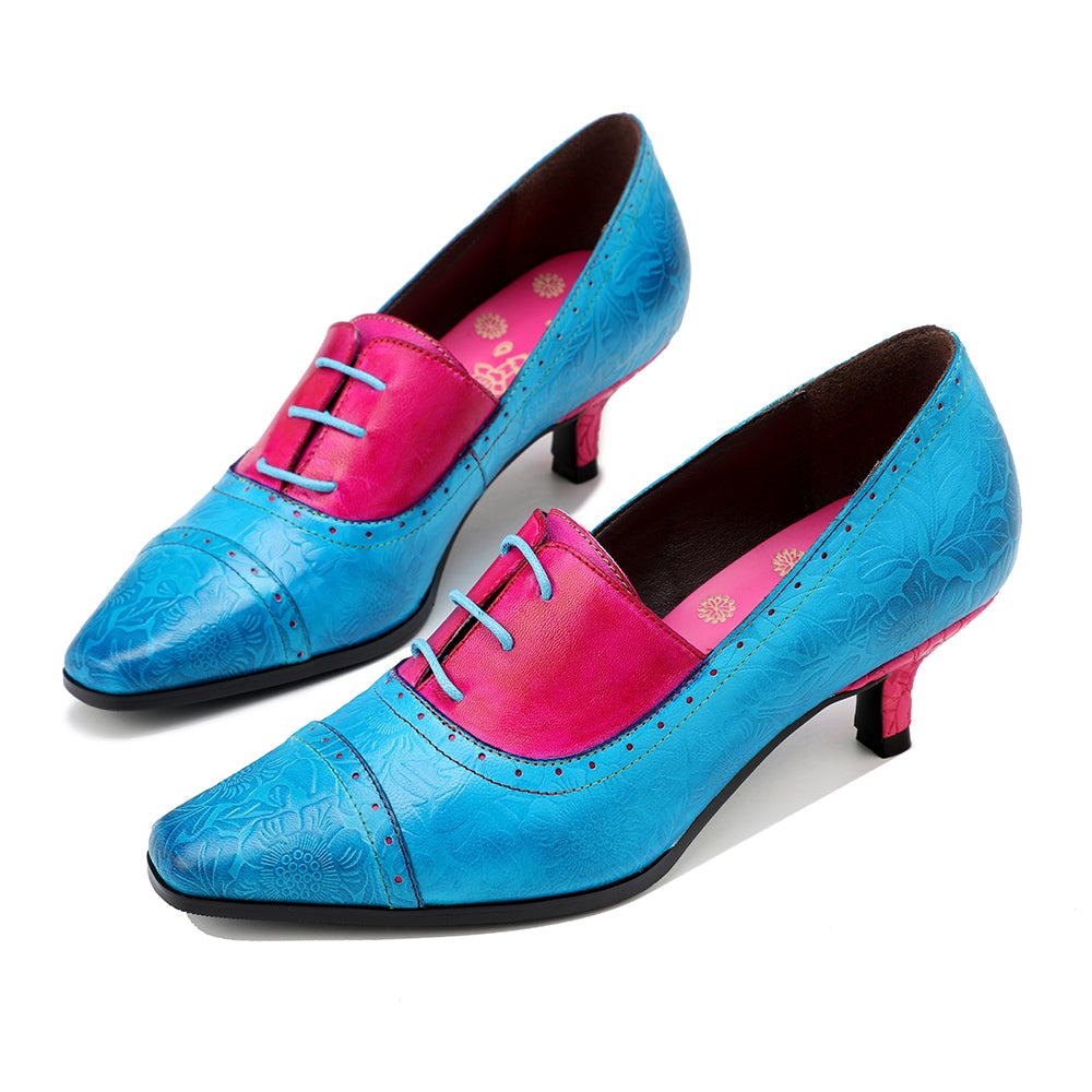 SOFFIA | Turquoise Floral Embossed Genuine Leather Kitten Heel Oxford Shoes