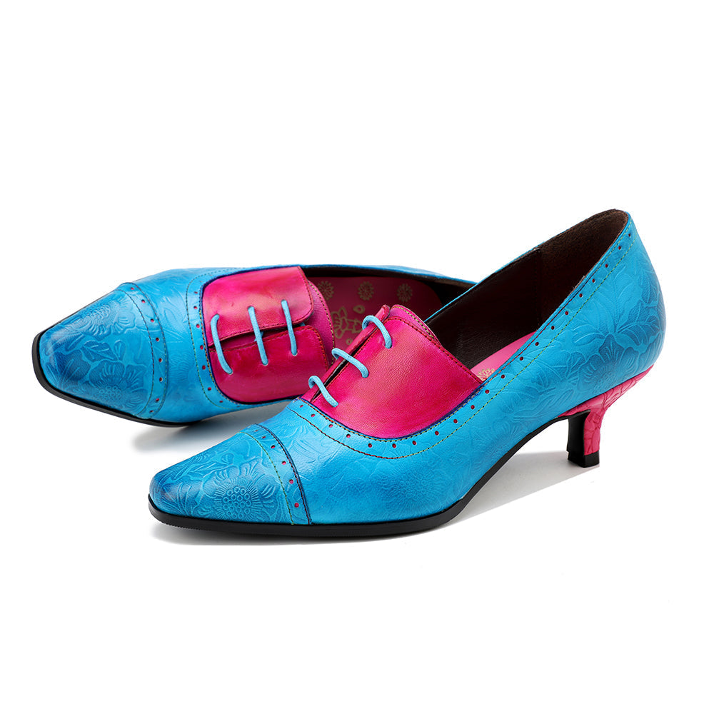 SOFFIA | Turquoise Floral Embossed Genuine Leather Kitten Heel Oxford Shoes