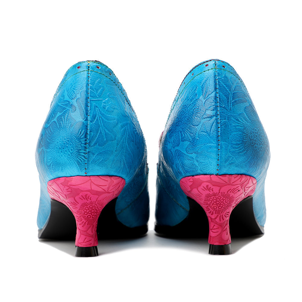 SOFFIA | Turquoise Floral Embossed Genuine Leather Kitten Heel Oxford Shoes