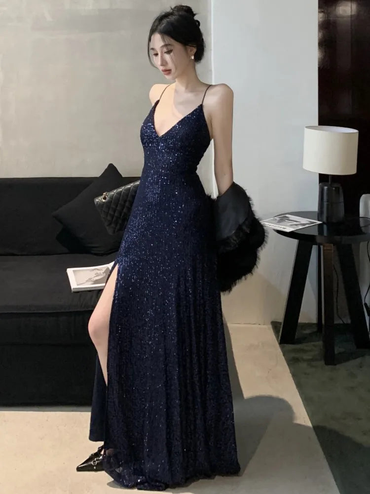 Sexy Backless Evening Party Dresses for Women V-Neck Split Slim Spring Summer Luxury Maxi Dress Prom Robe Birthday Vestidos New