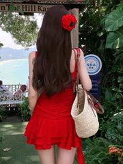 Sexy Beach Style Short Dresses for Women Summer New Spaghetti Strap Ruffles Party Dress Sleeveless Y2K Korean Fashion Vestido