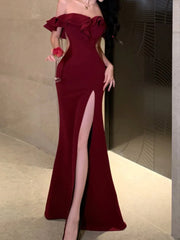 Sexy Bodycon Long Dresses for Women Wedding Evening Party Prom Robe Ruffles Slash Neck High Split Hollow Out Summer New Vestido