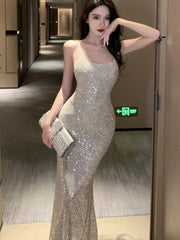 Sexy Bodycon Sequined Evening Party Long Dresses for Women Spaghetti Strap New Summer Slim Mermaid Backless Prom Robe Vestido