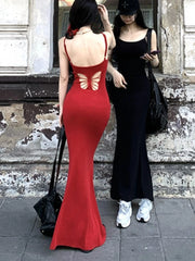 Sexy Bodycon Spaghetti Strap Long Dresses for Women Summer New Solid Hollow Out Y2K Solid Casual Backless Prom Robe Party Dress