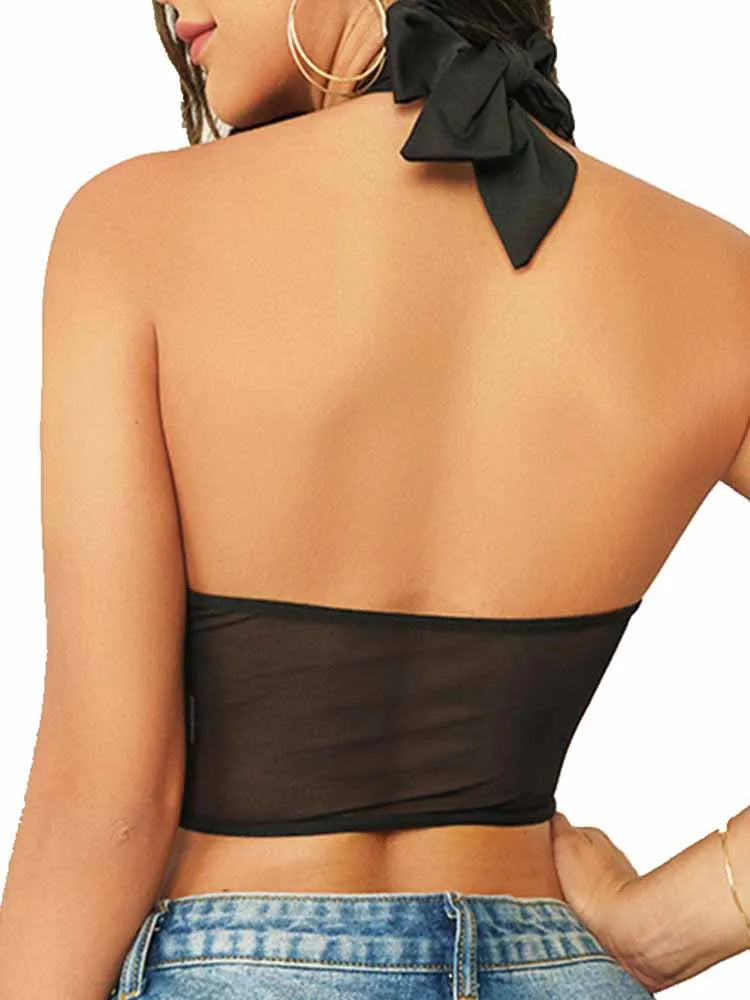 Sexy Cross Halter Corset Bustier Mesh Bone Tank Tops Women Tie Up Wrap Tube Tops Backless Slim