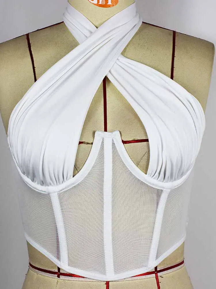 Sexy Cross Halter Corset Bustier Mesh Bone Tank Tops Women Tie Up Wrap Tube Tops Backless Slim