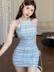 Sexy Halter Mini Dress Women Sleeveless Rhinestone Patchwork Shiny Slim Fashion Backless Evening Party Dresses Club Prom Vestido