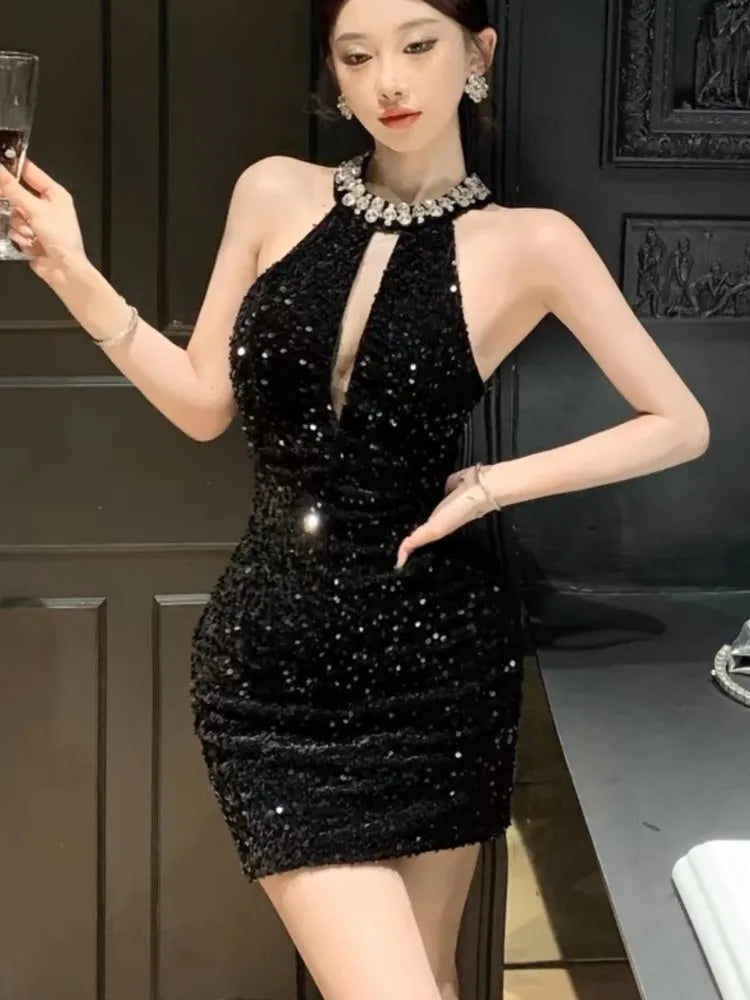 Sexy Halter Mini Dress Women Sleeveless Rhinestone Sequins Hollow Out New Summer Shiny Evening Party Dresses Slim Clubwear