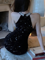 Sexy Halter Mini Dress Women Sleeveless Rhinestone Sequins Hollow Out New Summer Shiny Evening Party Dresses Slim Clubwear