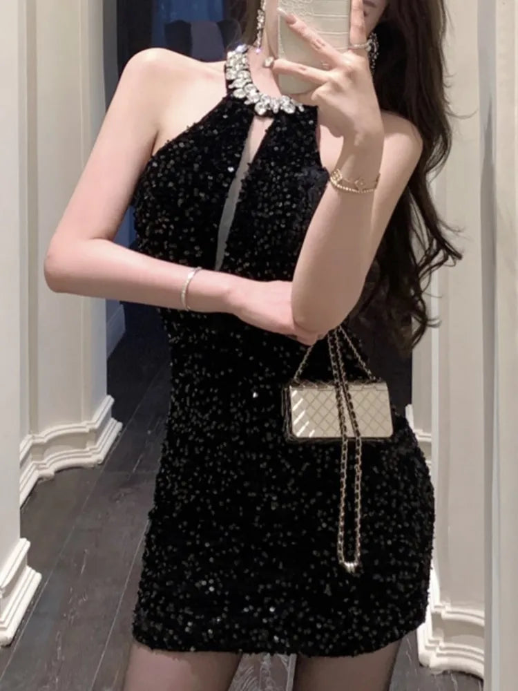 Sexy Halter Mini Dress Women Sleeveless Rhinestone Sequins Hollow Out New Summer Shiny Evening Party Dresses Slim Clubwear