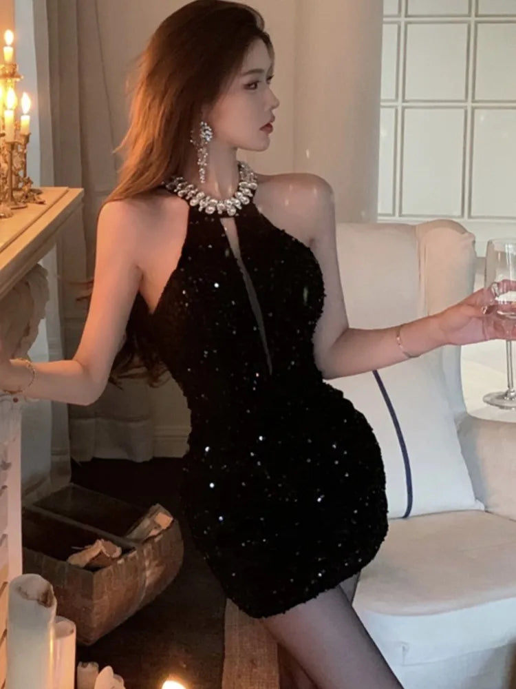 Sexy Halter Mini Dress Women Sleeveless Rhinestone Sequins Hollow Out New Summer Shiny Evening Party Dresses Slim Clubwear