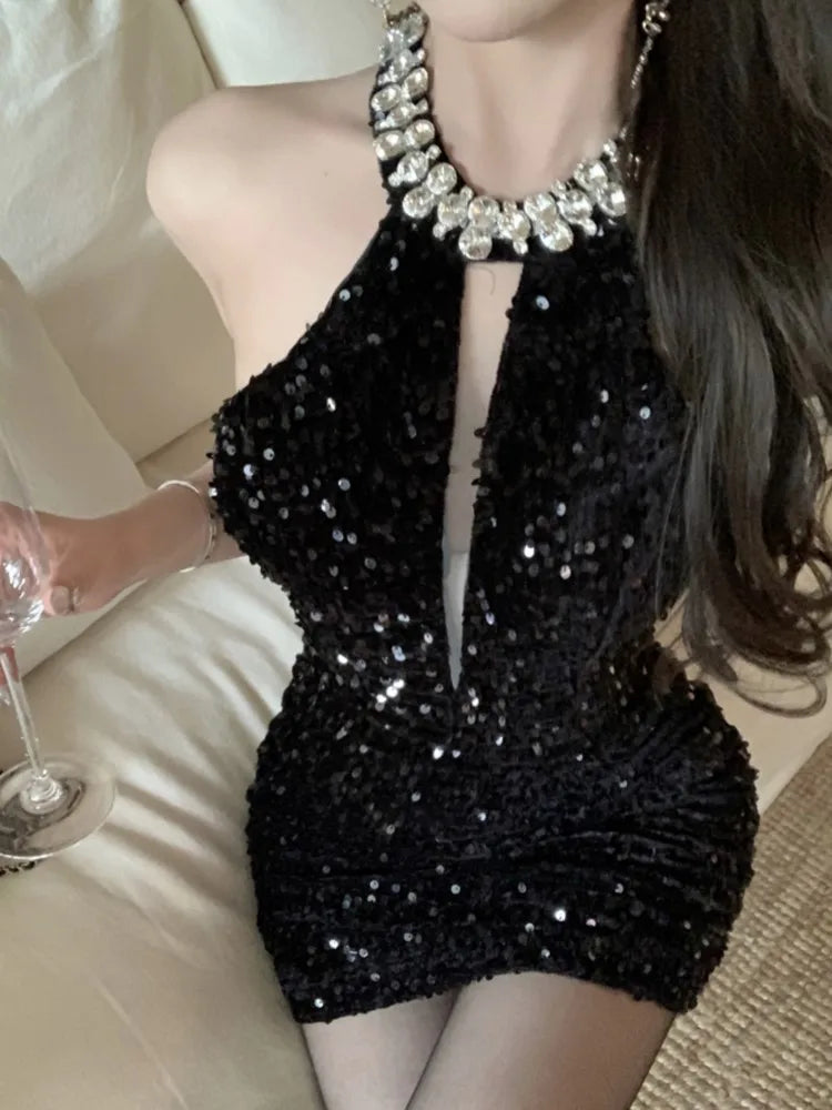 Sexy Halter Mini Dress Women Sleeveless Rhinestone Sequins Hollow Out New Summer Shiny Evening Party Dresses Slim Clubwear