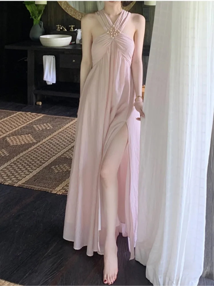 Sexy Halter Pink Long Dresses for Women New Summer Holiday Beach Dress Split Sleeveless Korean Fashion Prom Robe Vestidos Mujer