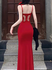 Sexy Hollow Butterfly Backless Dresses Women Y2K Summer Elegant Outfits Lady Red Maxi Dress Bodycon Birthday Party Club Sundress