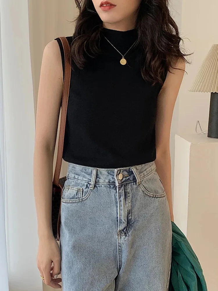 Sexy Knitted Top Summer Turtleneck Tank top Women camisole Blouse Sleeveless Slim Top Female sleveless t-shirt Vest Casual Camis