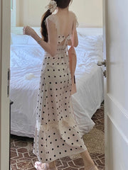 Sexy Lace Polka Dot Dress Women New Summer Backless Lace Spaghetti Strap Slim Korean Chic Elegant Casual Party One Piece Dress