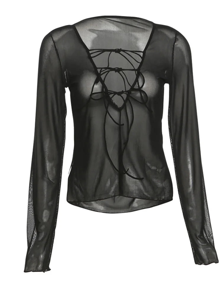 Sexy Lace Up V Neck Long Sleeve Black T Shirts for Women Female Club Wear Mesh Blouses See Through Crop Tops