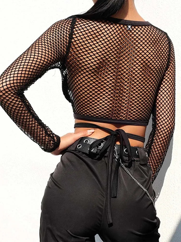 Sexy New Mesh Goth Long Sleeve T shirt Women Hollow See-through Fishnet Tops Summer Casual Shirt Streetwear Women’s Clothing