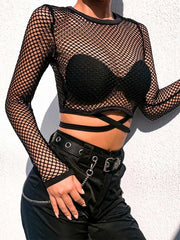 Sexy New Mesh Goth Long Sleeve T shirt Women Hollow See-through Fishnet Tops Summer Casual Shirt Streetwear Women’s Clothing