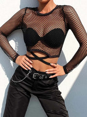 Sexy New Mesh Goth Long Sleeve T shirt Women Hollow See-through Fishnet Tops Summer Casual Shirt Streetwear Women’s Clothing