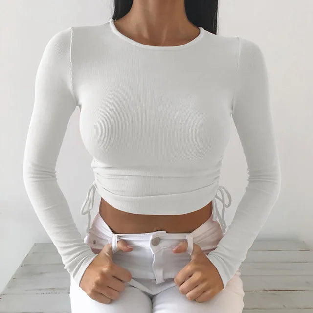 Sexy O-Neck Long Sleeve Bodycon Cropped Tops Autumn 2024 Women Irregular Drawstring Bandage Knitted Solid T-Shirt