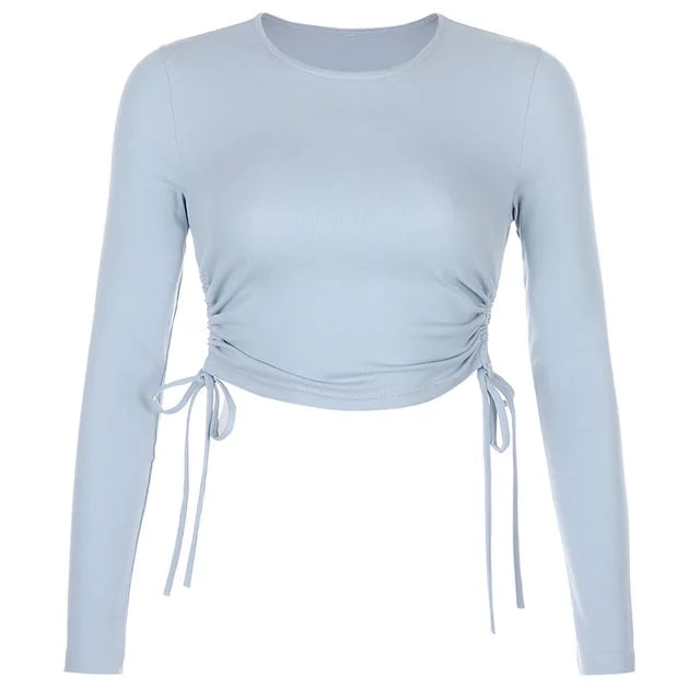 Sexy O-Neck Long Sleeve Bodycon Cropped Tops Autumn 2024 Women Irregular Drawstring Bandage Knitted Solid T-Shirt