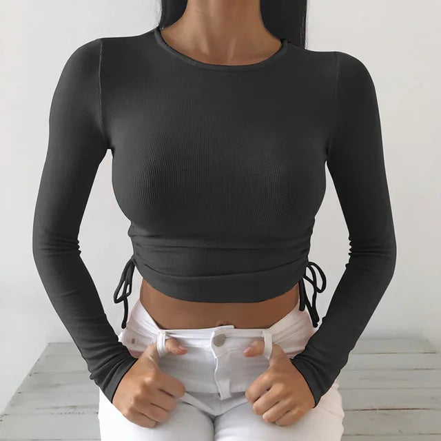 Sexy O-Neck Long Sleeve Bodycon Cropped Tops Autumn 2024 Women Irregular Drawstring Bandage Knitted Solid T-Shirt