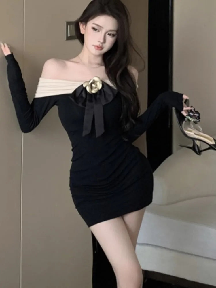 Sexy Patchwork Mini Dress Women Long Sleeves Slash Neck Bodycon Autumn Spring Evening Party Slim Warpped Hip Slim Vestidos Mujer