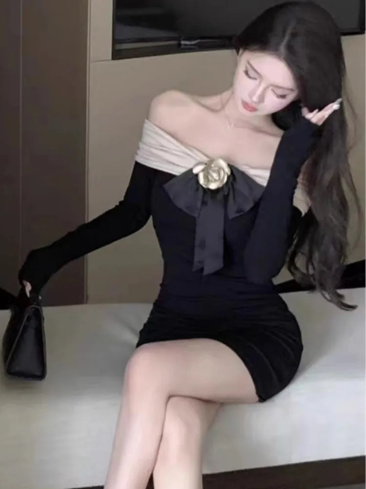 Sexy Patchwork Mini Dress Women Long Sleeves Slash Neck Bodycon Autumn Spring Evening Party Slim Warpped Hip Slim Vestidos Mujer