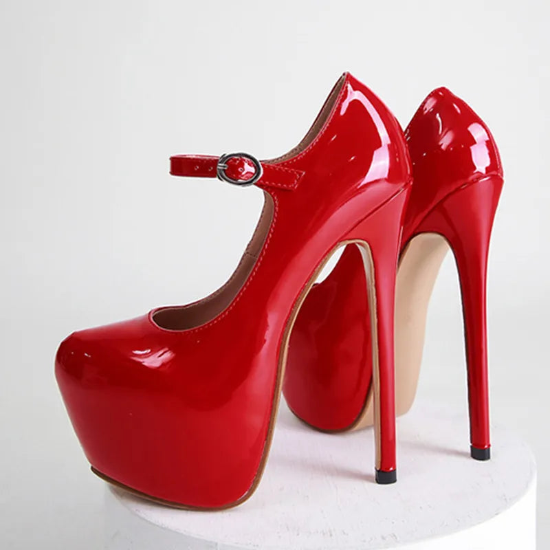 Sexy Red High Heels Platform Pumps 17cm Women Fashion Runway Patent Leather Round Toe Buckle Strap Party Wedding Stripper Shoes