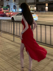 Sexy Red Sleeveless High Split Dress Women Solid Spaghetti Strap Korean Chic Evening Party One Piece Vestidos Clothing