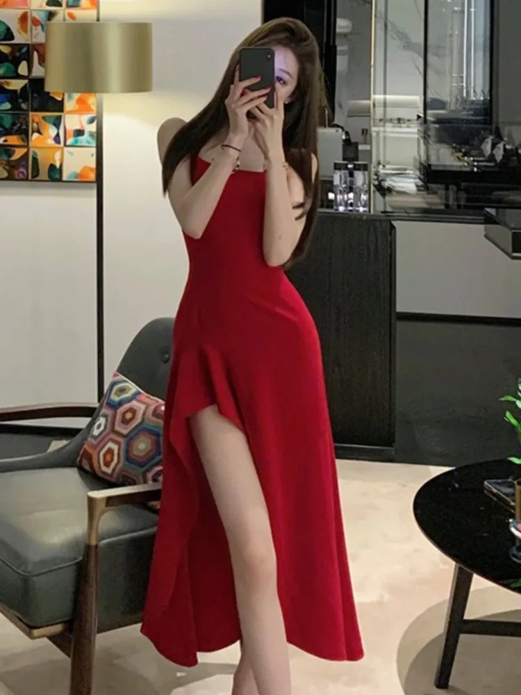 Sexy Red Sleeveless High Split Dress Women Solid Spaghetti Strap Korean Chic Evening Party One Piece Vestidos Clothing