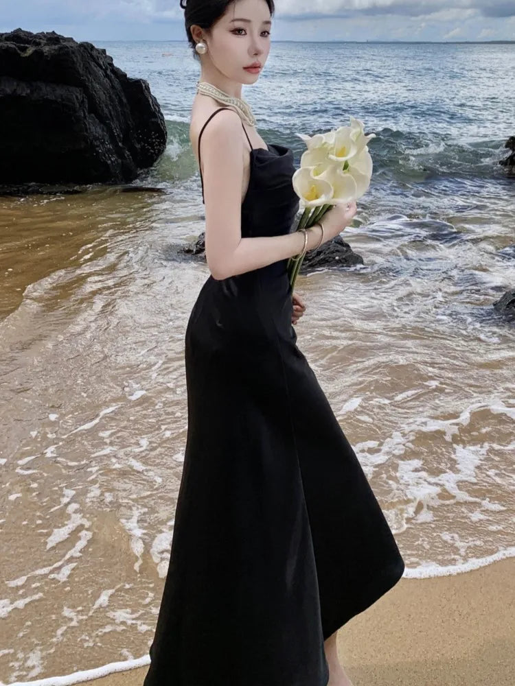 Sexy Satin Black Dress Women Spaghetti Strap New Summer High Split Backless Beach Slim Mermaid Evening Party Dresses Prom Robe