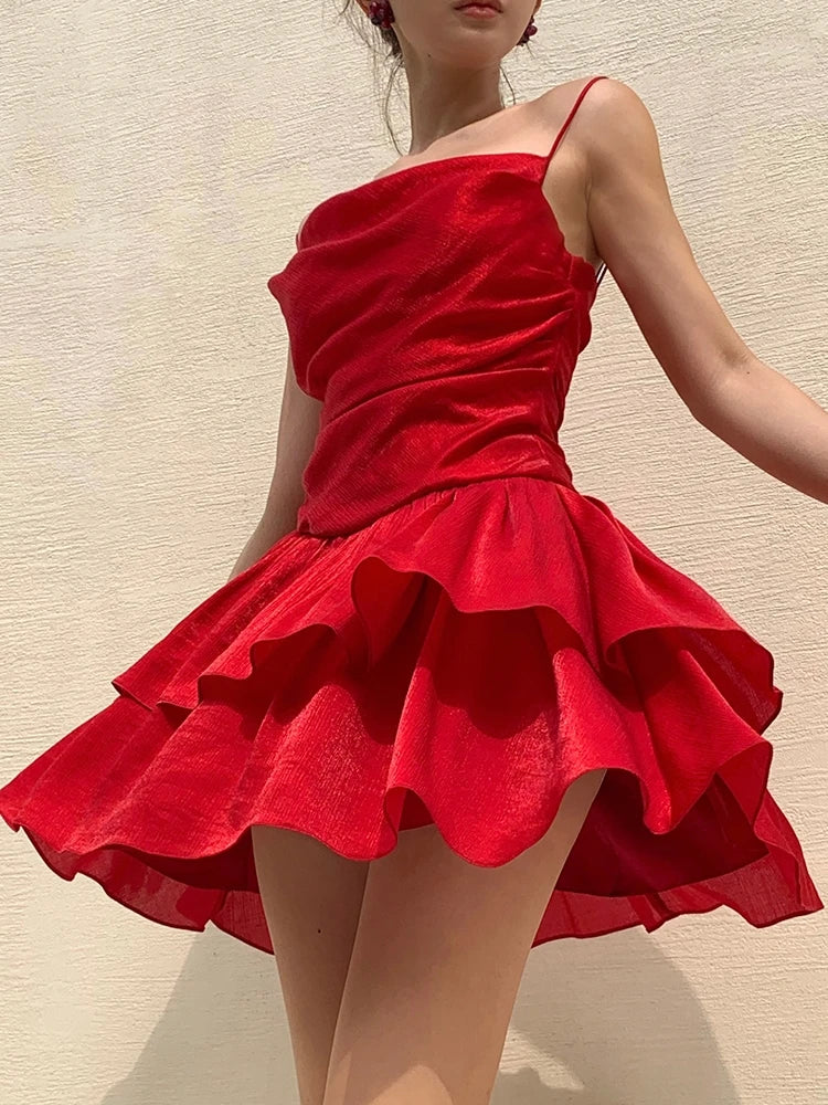 Sexy Satin Spaghetti Strap Summer Dress Women Swinging Collar Ruffles A-line Beach Style Birthday Party Dress Prom Short Vestido