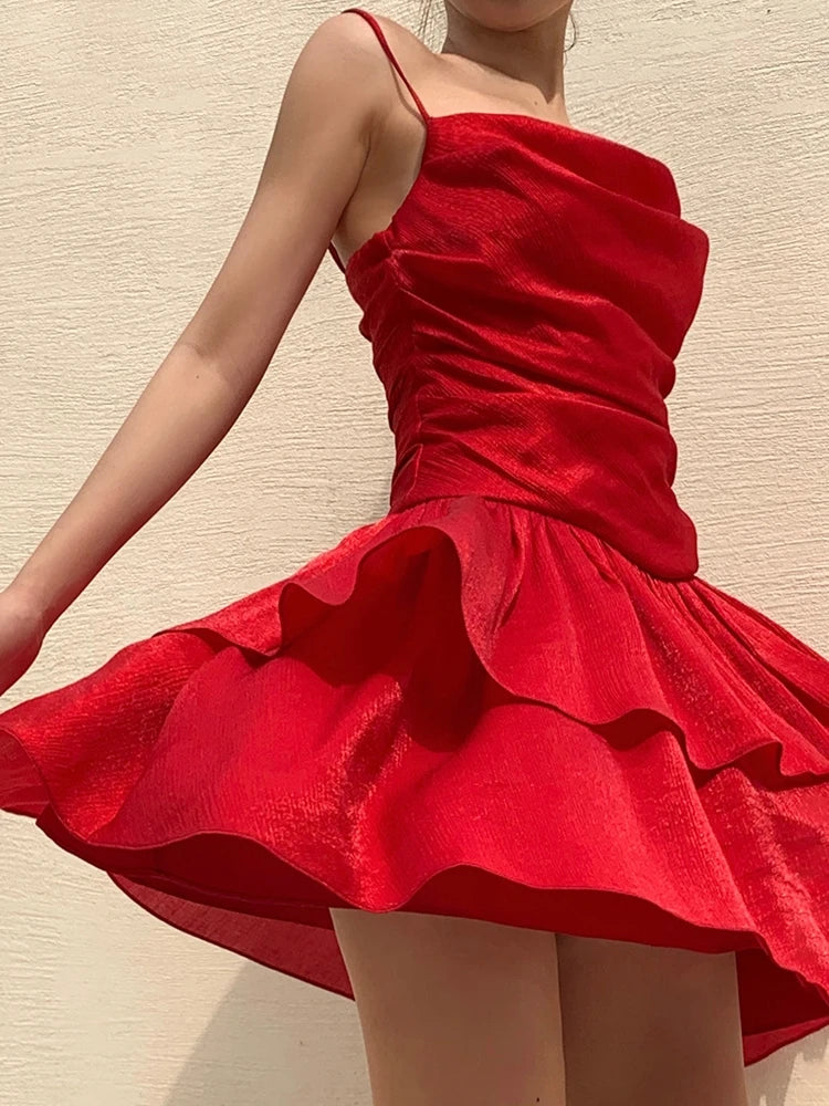 Sexy Satin Spaghetti Strap Summer Dress Women Swinging Collar Ruffles A-line Beach Style Birthday Party Dress Prom Short Vestido