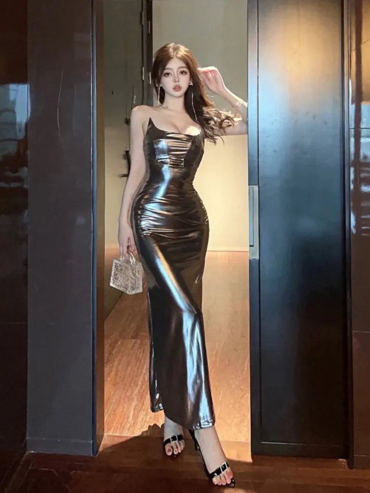 Sexy Shiny Maxi Dress Women Silver Spaghetti Strap High Split Wrap Chest Slim Bodycon Robe Evening Party Club Long Vestidos