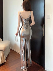 Sexy Shiny Maxi Dress Women Silver Spaghetti Strap High Split Wrap Chest Slim Bodycon Robe Evening Party Club Long Vestidos