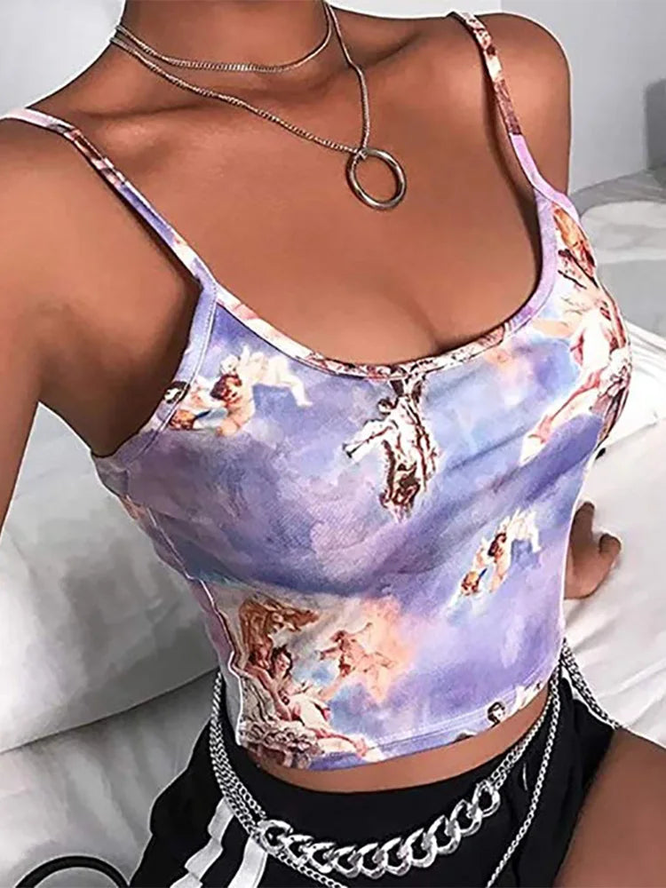 Sexy Slim Sling Angel Print Summer Camisole Women’s Sexy Streetwear Short Cropped Navel Bra Top