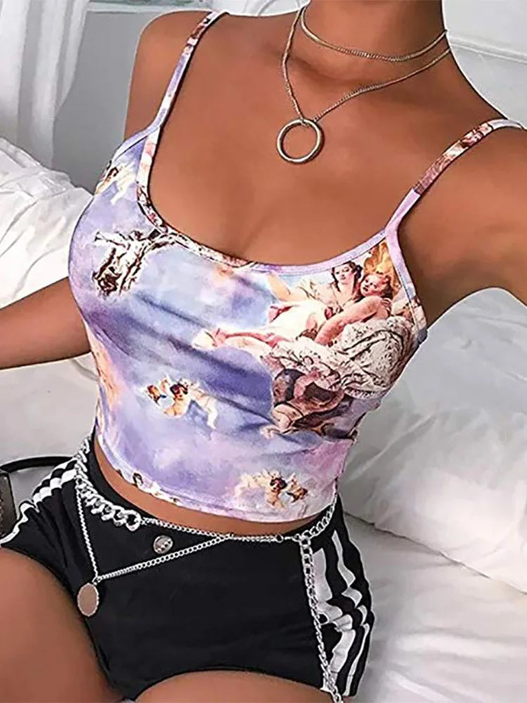 Sexy Slim Sling Angel Print Summer Camisole Women’s Sexy Streetwear Short Cropped Navel Bra Top