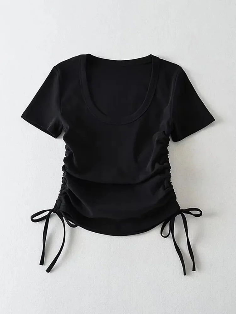 Sexy Slim Women’s Crop Tops Summer Short Sleeved Crewneck Side Drawstring Bottoming Shirt T-shirt Top