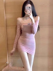 Sexy Solid Mini Dress Women Folds Slash Neck Long Sleeves Bodycon Wrapped Hip Autumn Spring Evening Party Women Vestidos New