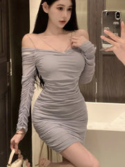 Sexy Solid Mini Dress Women Folds Slash Neck Long Sleeves Bodycon Wrapped Hip Autumn Spring Evening Party Women Vestidos New