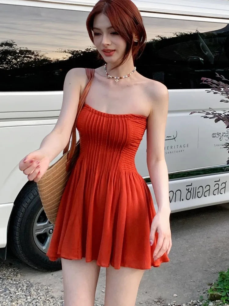 Sexy Strapless Solid Short Dress Women New Summer Slim A-line Sleeveless Beach Style Korean Chic Birthday Party Dress Vestidos